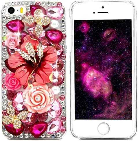 iPhone SE Case, iPhone 5S Case, iPhone 5 Case, Mavis's Diary 3D Handmade Bling Crystal Butterfly and Colorful Flowers Rhinestone Diamond with Hard Case Cover Pink Flower Rhinestone Butterfly