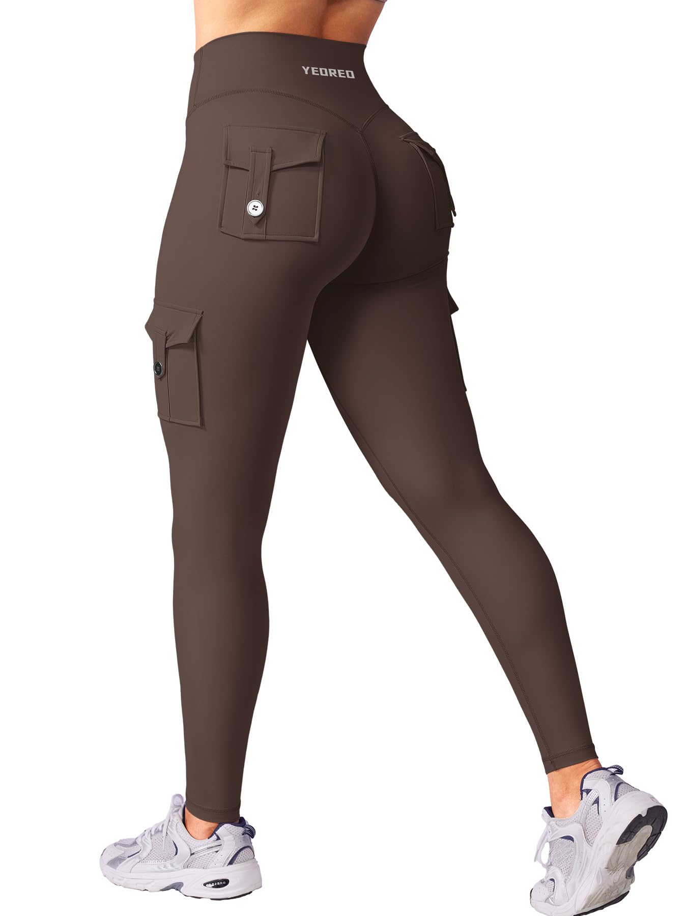Photo 1 of YEOREO CoreFlex Gym Workout Cargo Leggings with Pockets for Women Hidden Scrunch Butt Lifting Yoga Leggings Chocolate M