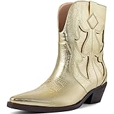 HOCHFART Cowboy Boots for Women Pointed Toe Pull On Boots Metallic Embroidered Western Cowgirl Boots with Chunky Heel for Wide Calf
