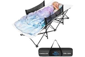 HIGH STREAM GEAR Portable Toddler Bed for Travel with Unique Bed Rails - 56x25x16 inch Kids Travel Bed Includes Fitted Sheet and Easy to Store Camping Cot Carry Case for Camping Outdoors and Sleepovers at Home (White)