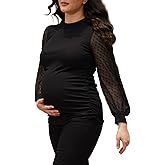 Bhome Mock Neck Maternity Shirt Ribbed Knit Maternity Blouse Mesh Long Sleeve Fitted Pregnant Top