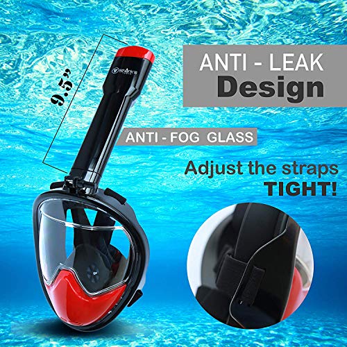 Shark's Tooth Snorkel Mask Full Face w/Compatible Action Camera Mount | 180° Panoramic Swimming View | Anti-Leak Fit & Anti-Fog Lens | Easy Breath Valves, V Backstop Technology (Black/Red, L/XL)