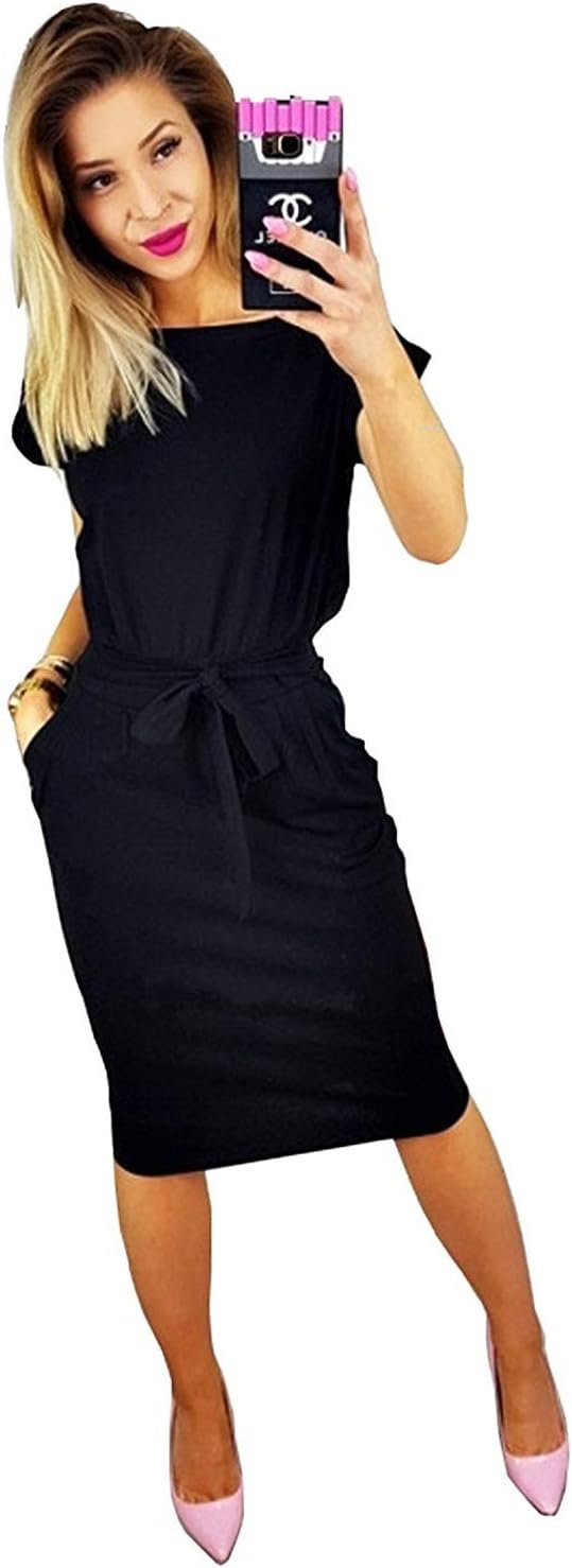 Women's Elegant Short Sleeve Casual Pencil Dress with Belt