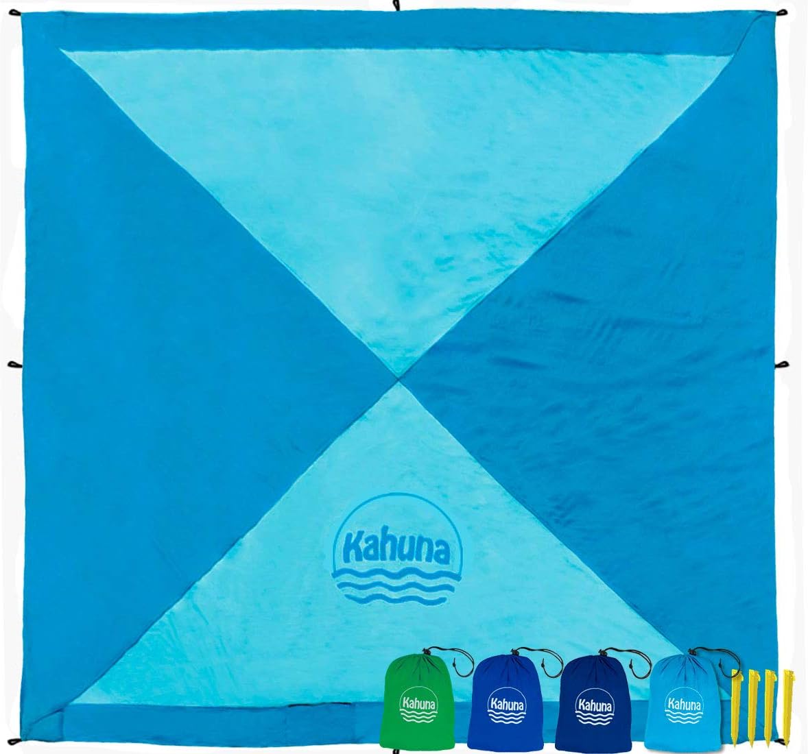 KAHUNA Parachute Beach Blanket - XL Extra Large 8 x 8 Feet - The Biggest Sand Proof Beach Sheet Picnic Blanket Available - Portable, Lightweight, Quick-drying, With 12 Sand Pockets