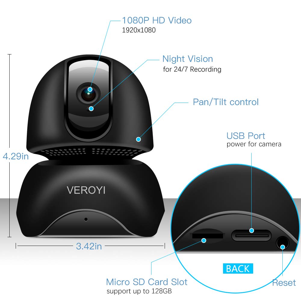 Veroyi 1080P Full HD IP Camera Wireless WiFi Home Security Surveillance Camera with Two-Way Audio, Motion Detection, IR Night Vision for Baby Elder Pet Monitor