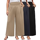 Evervibe 3 Pack Women's Plus Size Wide Leg Pants High Waisted Lounge Palazzo Cropped Pants Casual Loose Pajama with Pockets