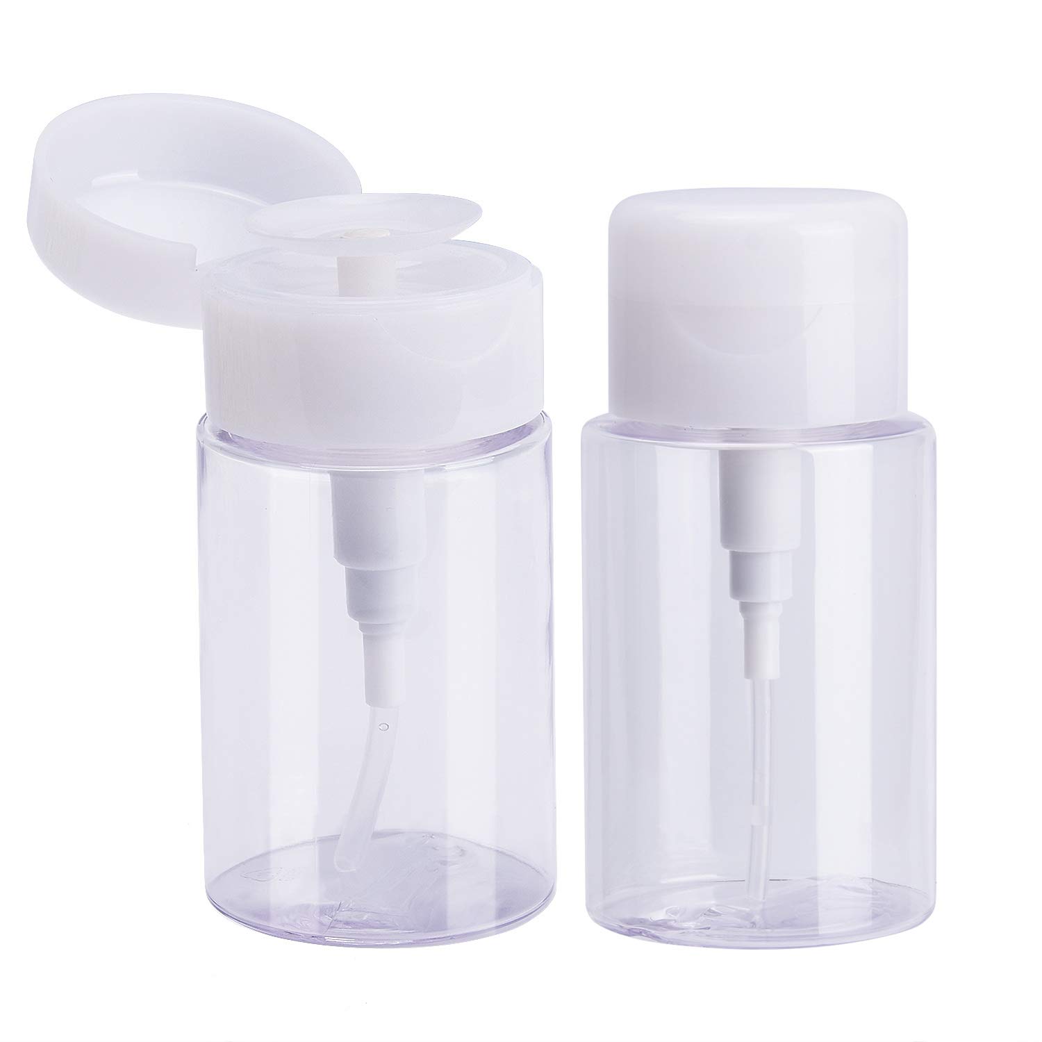 2 Pack 100ml/3.5oz Pump Dispenser Bottle for Makeup Remover, Facial Toner Lotion Organizer Travel Bottle, Plastic Clear Cosmetic Container Push Down Liquid Dispenser Pump Bottle with Flip Top Cap