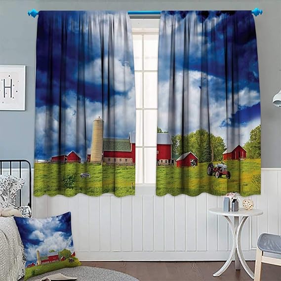 Country Room Darkening Curtains Landscape Scenery View Warehouse Barn Clear Clouds Fields Photo Customized Curtains 72" W x 45" L Blue White Red Aplle Green