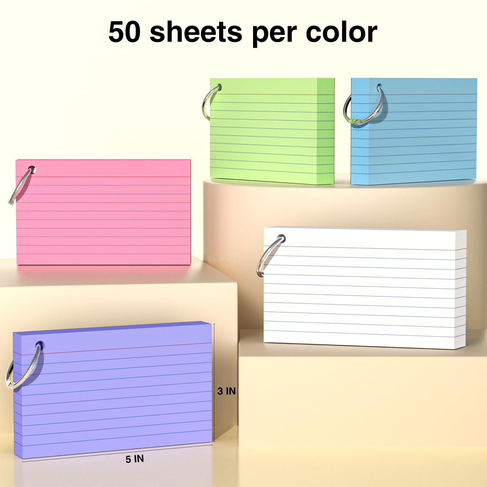 250 Count Colored Index Cards 3x5 Inch with Key Ring, 180gsm Heavy Weight Flash Cards 5 Color (50 Sheets Each), Portable Note Taking for Students, Teachers, Study Note Cards for Office Home School