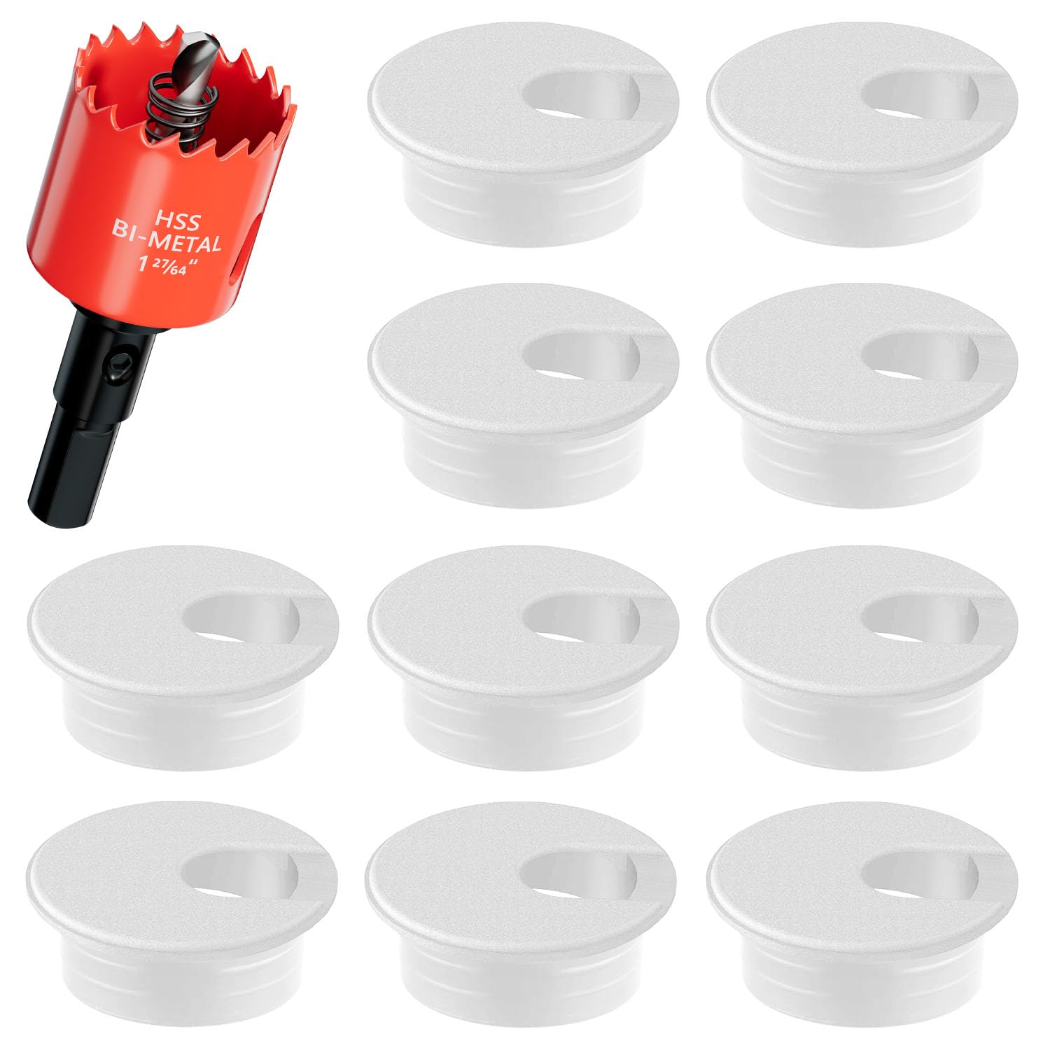 View 1 of 1-3/8 in. Hole Saw with 10PCS White Desk Grommet - Cable Management Kit for TV, Office, and Home Table - Hide Wires Behind Wall, TV Wall Cable Pass Through, Desk Cable Hole Covers
