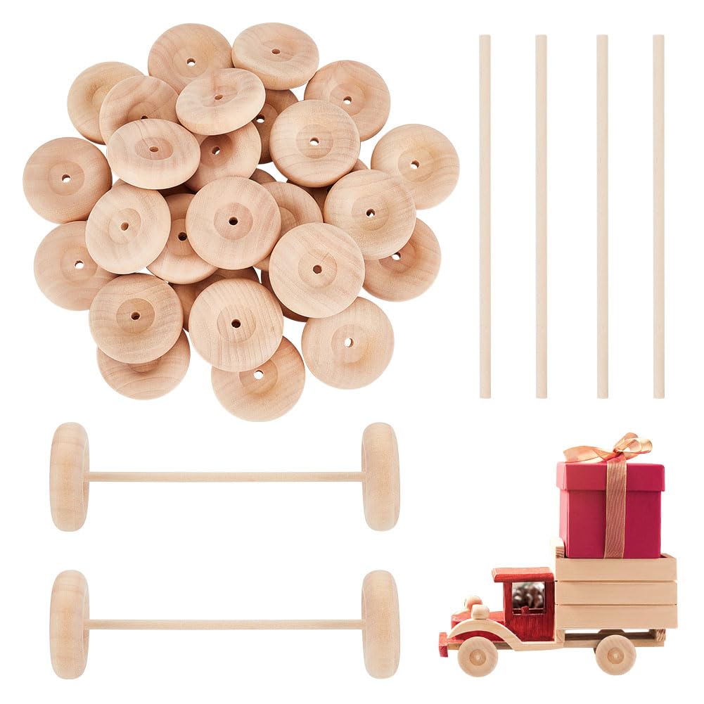 OLYCRAFT 30Pcs 50x16mm Wooden Craft Wheels with 15Pcs 15cm Wooden Sticks Unfinshed Wood Wheel Large Wood Wheels Round Craft Wheel for DIY DIY Model Cars Wood Crafts Supplies
