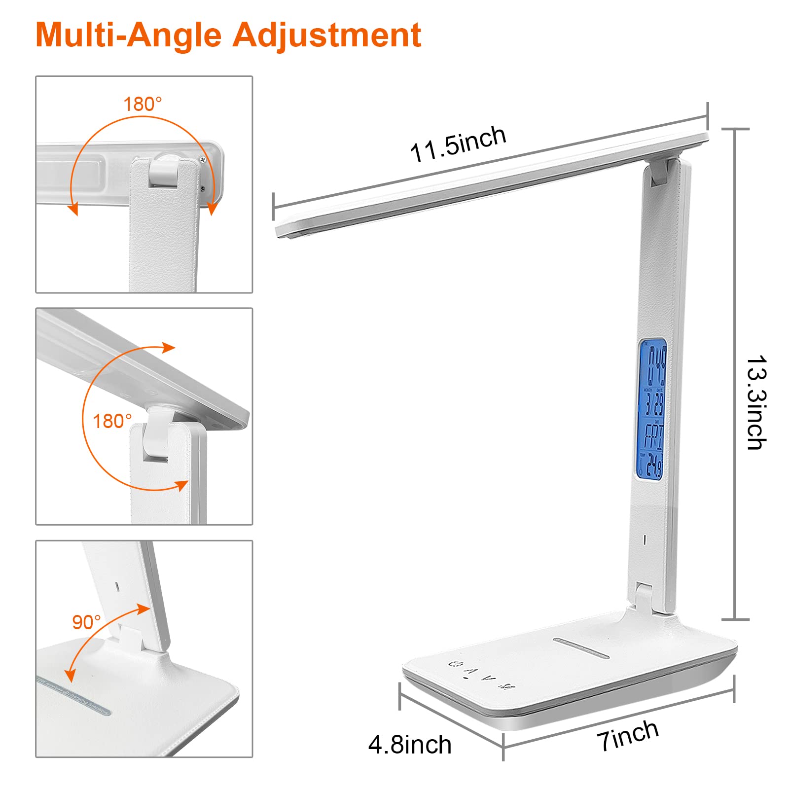 Desk Lamp with Wireless Charger, USB Charging Port, Dimmable Office Desk Light with Clock, Alarm, Date, Temperature, Foldable Lamp for Table Bedroom Bedside Office (White)