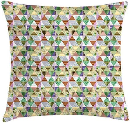 FPDecor Patchwork Throw Pillow Cushion Cover, Ethnic Patchwork Pattern of Triangle and Diamond with Checkered and Striped Print, Decorative Square Pillow Case, 18 X 18 Inches, Multicolor