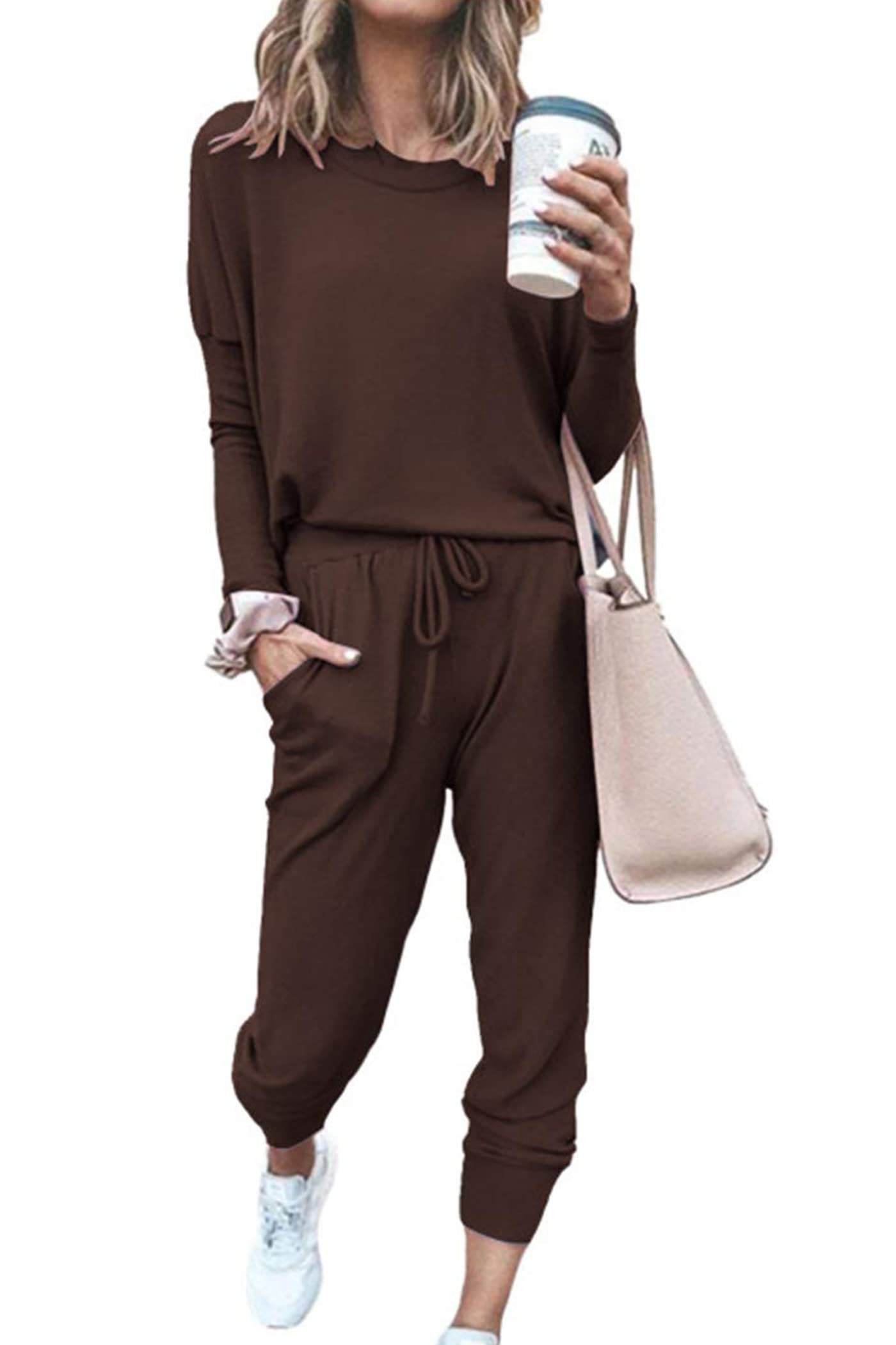 Photo 1 of PRETTYGARDEN Women Fall 2 Piece Lounge Outfit Long Sleeve Tops High Waisted Jogger Pants Set Spring Travel Clothes Tracksuit (Brown,Small)