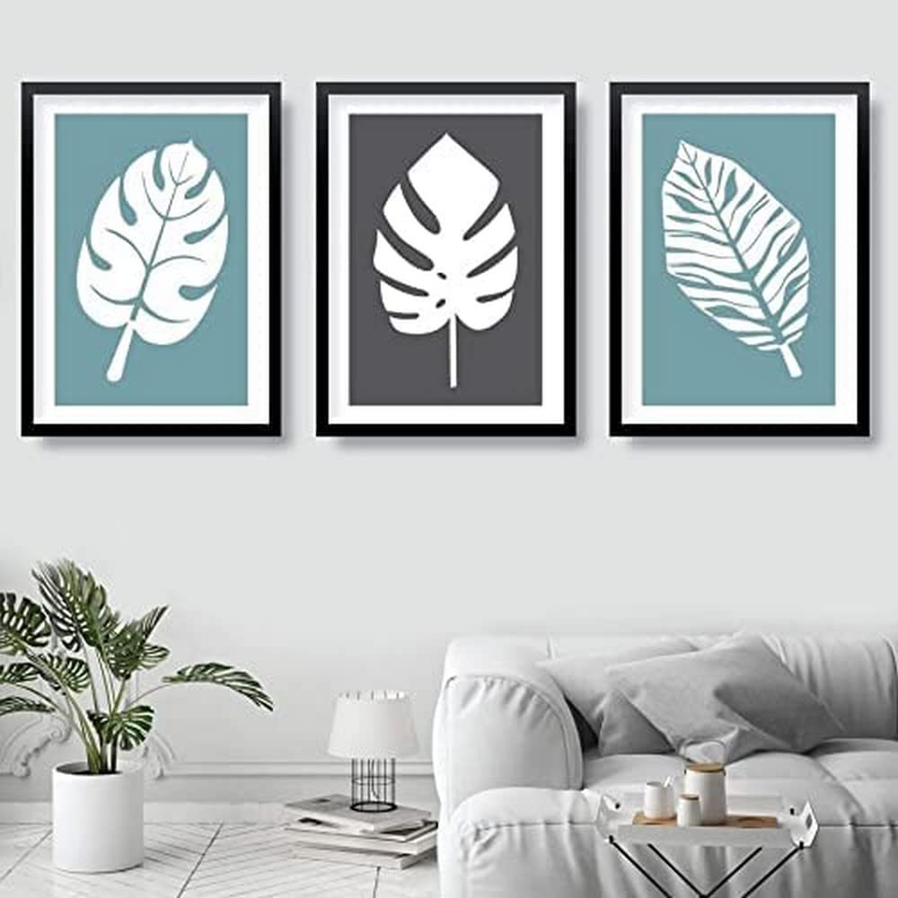 Artze Wall Art Art Prints Tropical Monstera Leaves 3-Piece Set, A3 Size, Blue Grey/White