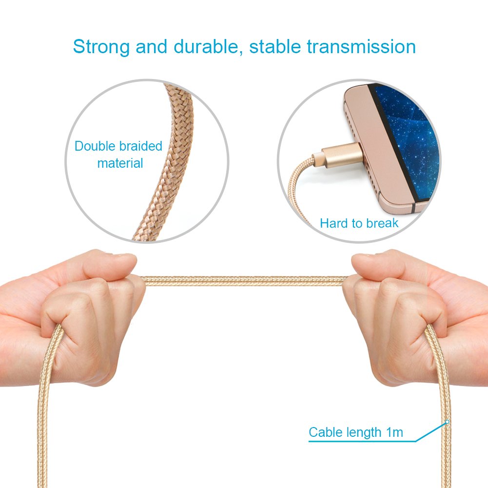 USB Type C Cable, HUNDA USB C Cable (USB 2.0) Data Sync Nylon Braided Charging Cord for Samsung GALAXY S8 S8+, Huawei P10 Mate9, Nintendo Switch and all other USB-C Devices (3.3 Feet /2 Pack, Gold)