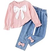 Axumity Kid Girl 2pcs Clothes Spring Summer Outfits Cute Sweet Bowknot Long Sleeve Bowknot Top + Denim Pants Set