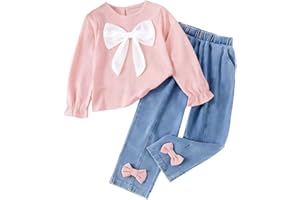 Axumity Kid Girl 2pcs Clothes Spring Summer Outfits Cute Sweet Bowknot Long Sleeve Bowknot Top + Denim Pants Set