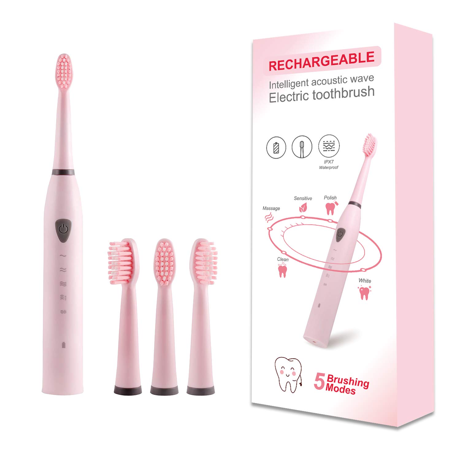 Rechargeable Electric Sonic Toothbrush for Adults, 5 Modes, 2 Minutes Timer and 4 Brush Heads (Pink)