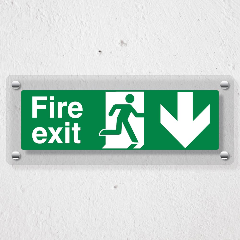 V Safety Fire Exit Arrow Down - 300 x 100 mm - Acrylic Perspex Cast Clear Safety Sign