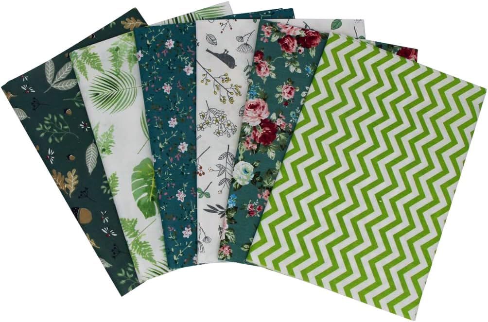 Jukway 6Pcs Cotton Fabric Squares 50 x 50 cm Different Patterns Printed Textile Handmade Craft Patchwork Cloths Bundle for Sewing, Quilting, DIY Decoration, Scrapbooking, Handwork (Green)