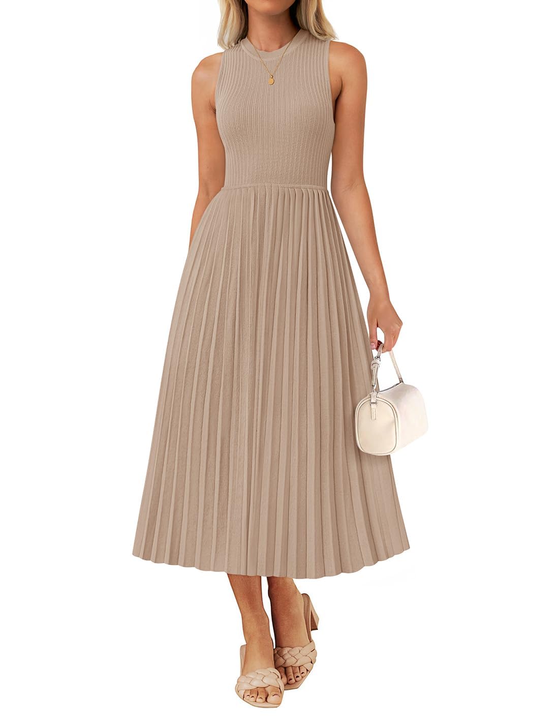Photo 1 of ZESICA Women's 2025 Summer Sleeveless Midi Dresses Casual Crewneck Ribbed Knit Pleated A Line Swing Long Party Dress, Khaki, M