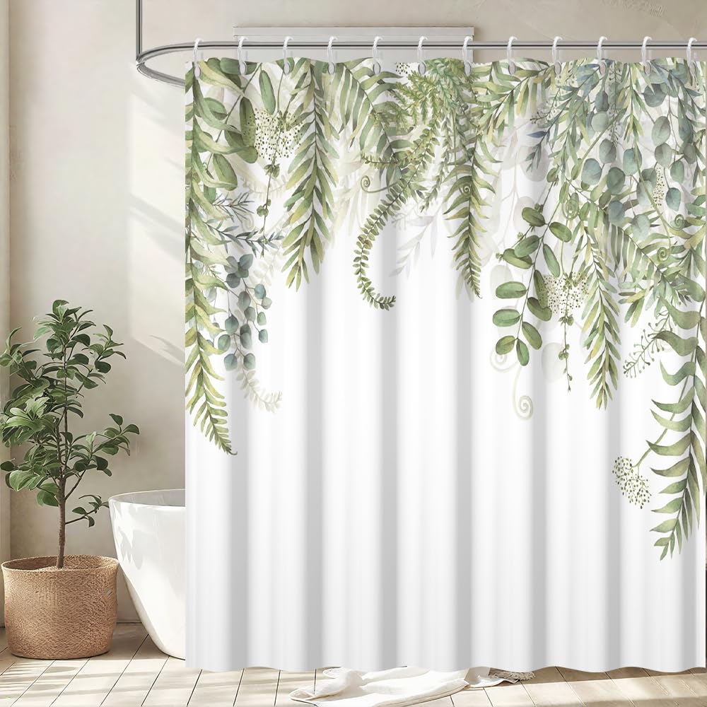 Uiiooazy Green Eucalyptus Shower Curtain, Sage Green Leaves Pattern Bath Curtain Mildew and Mould Resistant Waterproof Polyester Fabric Washable Opaque Shower Curtain Set with 12 Hooks 180Wx200Lcm — image 1