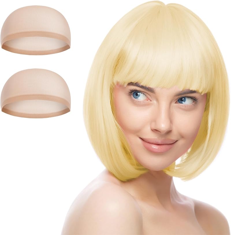 Aomig 3 Pack Short White Gold Bob Wigs Set with 2 Caps Neon Cosplay