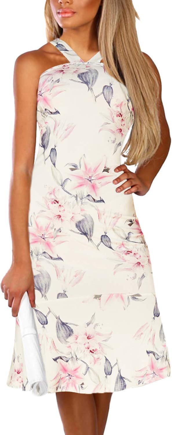 YOINS Women Sleeveless Halter Dress Floral Print Flounced Hem Sexy Bodycon Midi Dresses Party Cocktail Business