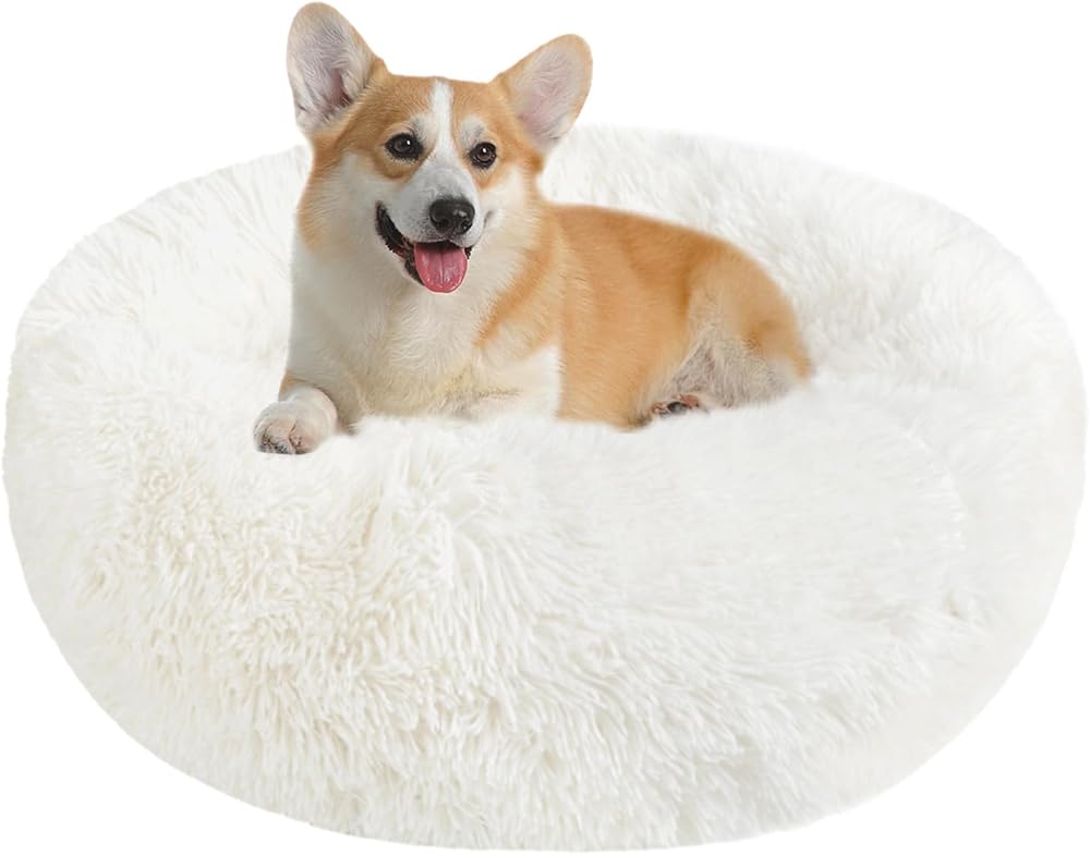 Nepfaivy Calming Donut Bed for Pets 70cm White Non-Slip Washable XL