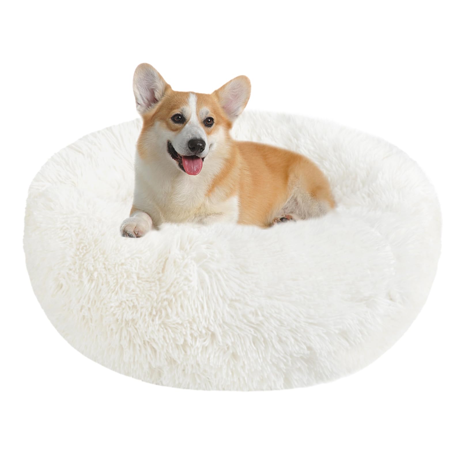 Nepfaivy Calming Dog Cat Donut Bed - 23.6in Fluffy Plush Puppy Kitten Cuddler Round Bed, Warm and Soft Pet Cosy Anti Anxiety Beds with Non-Slip Bottom and Washable (L-60CM, White)