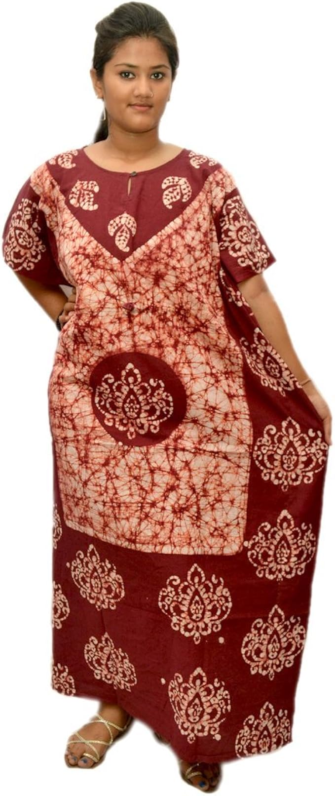 Odishabazaar Womens Cotton Caftan Nighty Maroon White Batik Kaftan Maxi Dress at Amazon Womenâs 