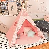 JoyNote Kids Teepee Tent Indoor Outdoor Children Indian Play Tent 4 Wooden Poles Canvas Tipi with Cotton Mat, Carry Bag, Decorations Star Stickers & Flag (Pink)