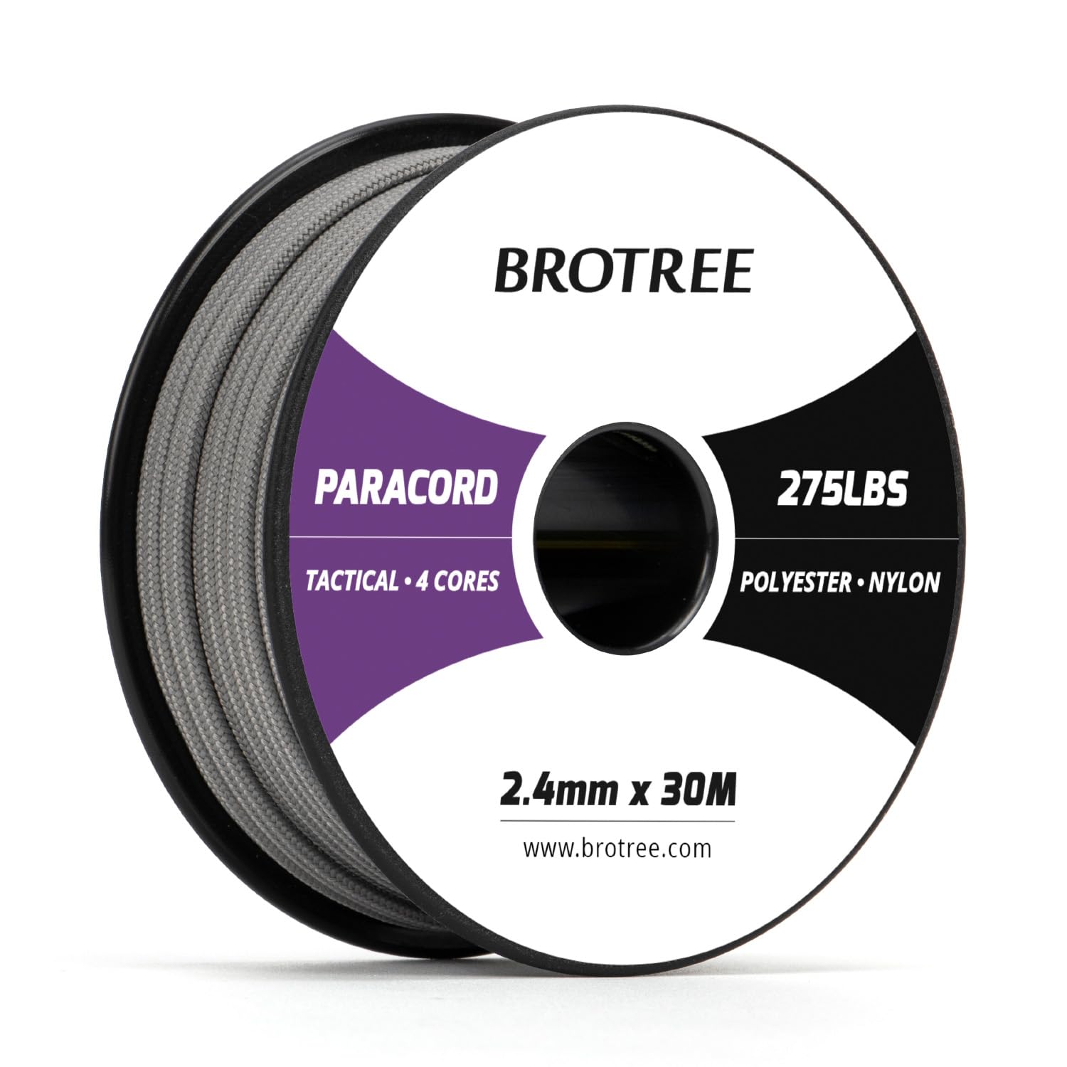 Brotree 275 Paracord 2.4mm Tactical Cord 30M Nylon Rope 4 Strands Parachute Cord for Outdoor, Craft, DIY - 125kg Breaking Load (Grey)