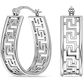 Charmsy 925 Sterling Silver Hoop Earrings for Women | Greek Key Pattern & Textured Hoop Earrings | Women's U-Shape Hoops Earrings with Click-Top Closure