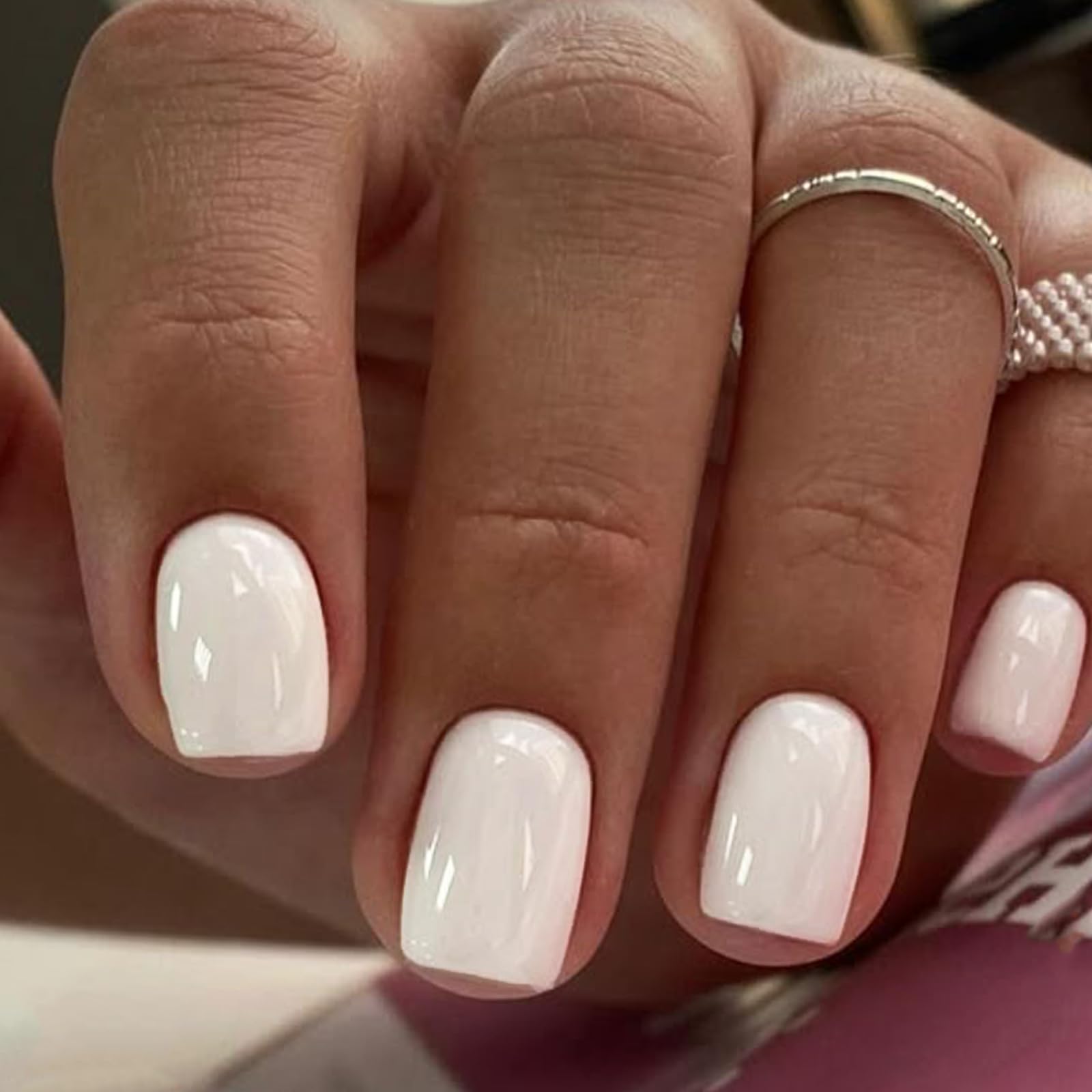 GLAMERMAID Press on Nails Extra Short Squoval, Spring Summer Milky White White Gel Glue on Nails, 24Pcs Glossy Round Reusable UV Finish Fake Nails Acrylic False Nails Manicure Kits for Women - Image 4