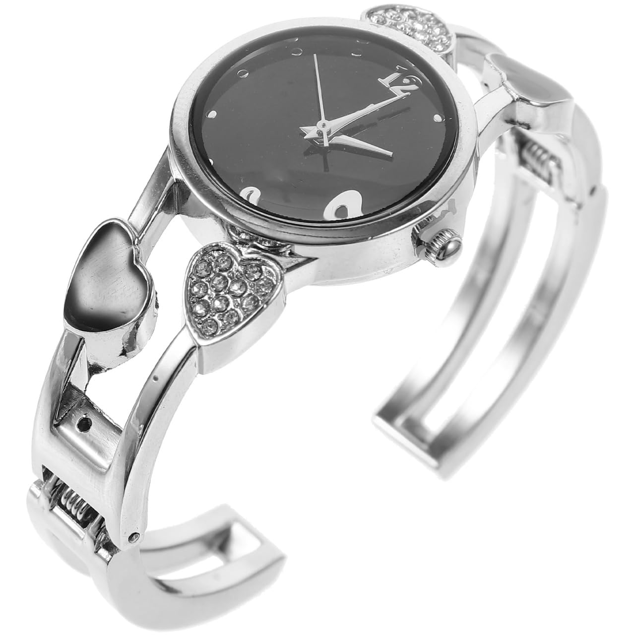 Hemobllo Ladies Silver Bangle Watch-Rhinestone Heart-Shaped Bracelet Watches for Women, Fashionable Silver Cuff Quartz Wrist Watches, Elegant Ladies Bracelet Watch for Women & Girls