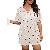 WDIRARA Women's Plus Size Heart Print Pajama Set Notch V Neck Shorts 2 Piece Lounge Sets