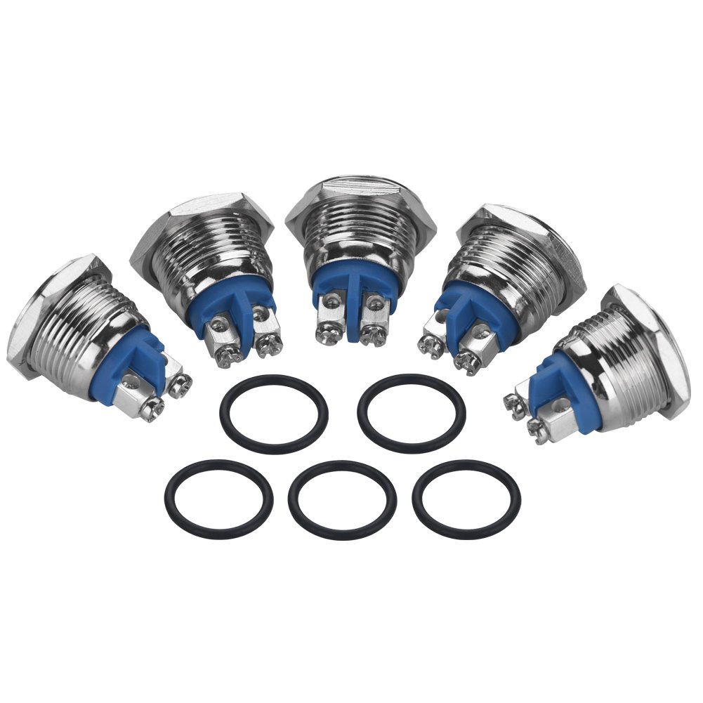 Waterproof Metal Push Button Switch, 16mm, Momentary ON/OFF, Self-Resetting, Flat Head, IP65, 5-Pack, Nickel Plated, for Industrial Equipment Control