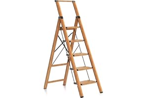 LADNAMY 5 Step Ladder, Aluminum Folding Step Stool W/Wide Pedal, Lightweight Safety Step ladder for Adults, Decorative Storage Shelf Ladder for Kitchen Office Library, 330IBS Capacity Step Ladder, Woodengrain