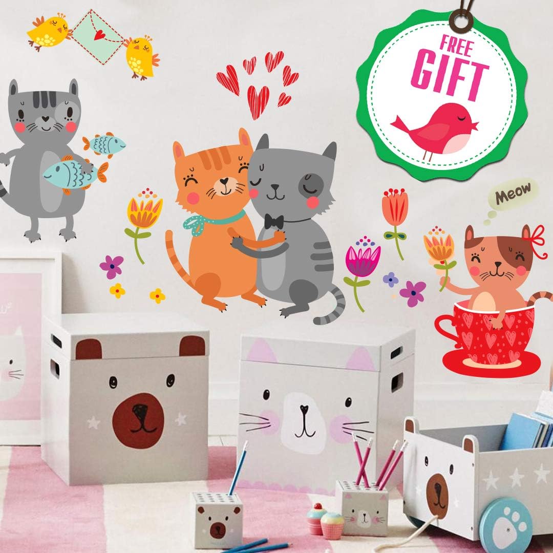 Cat Wall Stickers for Kids - Baby Vinyl Home Décor - Cute Animal Decals for Bedroom Playroom