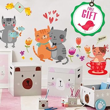 Cat Wall Stickers For Kids Baby Vinyl Home Decor Cute Animal Decals For Bedroom Playroom With Free Gift