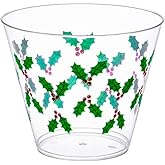 Party Essentials Hollly Disposable 9 oz. Hard Plastic Printed Christmas Party Cups/Tumblers, 20 Count, Holly Berry (N92006)