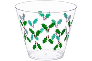 Party Essentials Hollly Disposable 9 oz. Hard Plastic Printed Christmas Party Cups/Tumblers, 20 Count, Holly Berry (N92006)