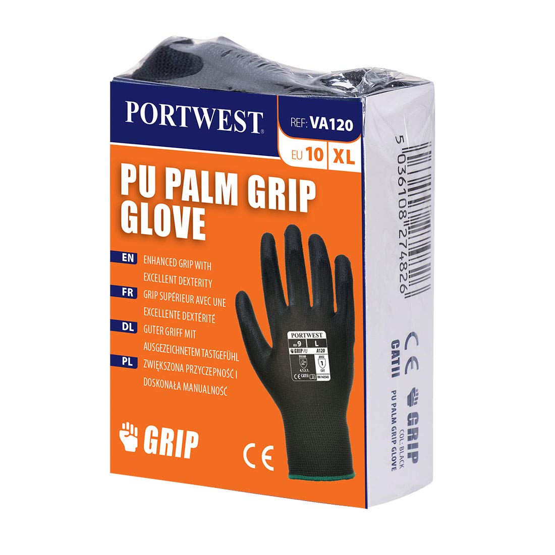 Portwest Vending PU Palm Glove, Size: S, Colour: Black, VA120K8RS