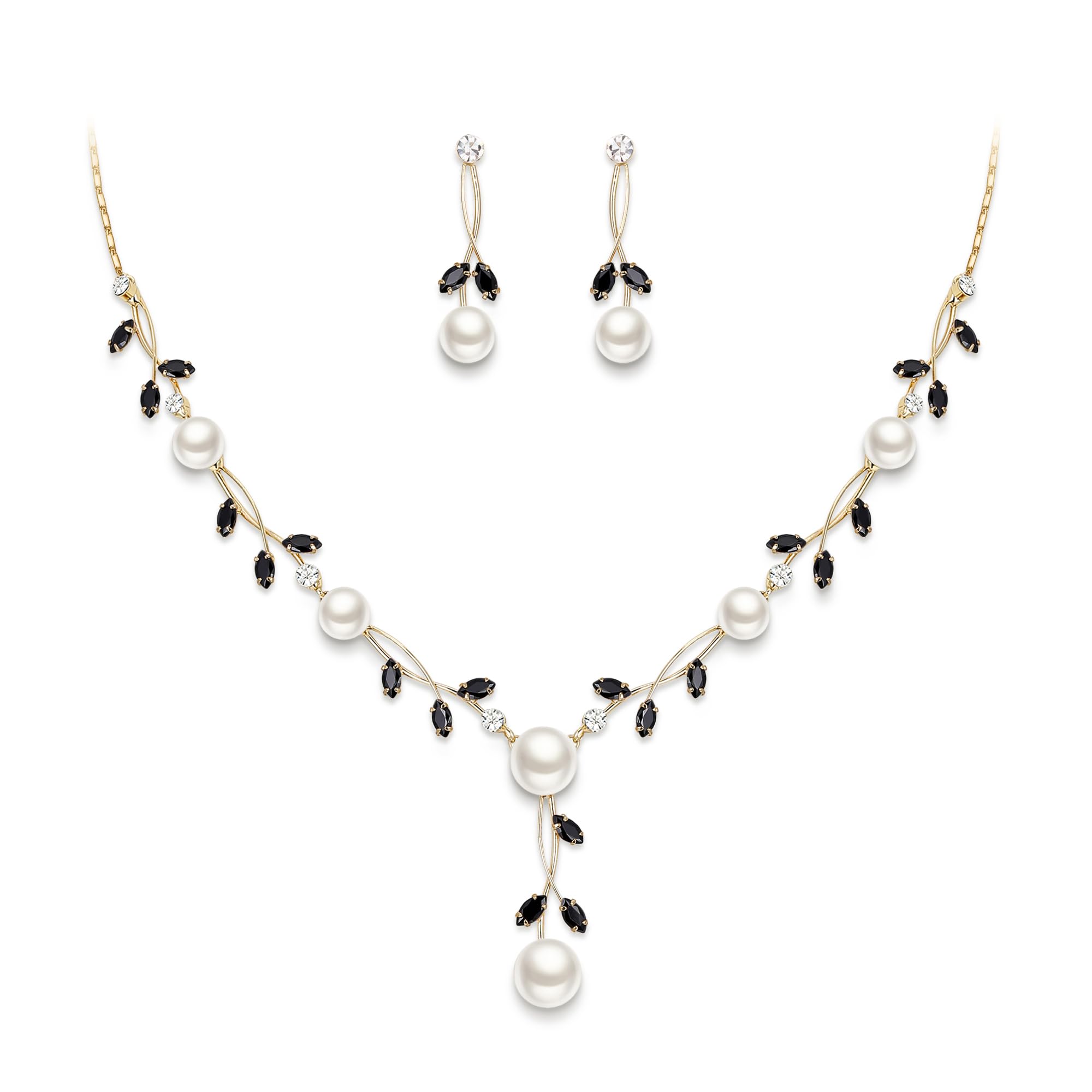 Ever Faith Bridal Jewelry for Bride CZ Black Crystal Simulated Pearl Floral Vine Filigree Necklace Earrings Set Gold-Tone