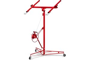 POUSEAYAR 16 FT Drywall Lift Panel Rolling Hoist Jack Lifter - Easy Assembly, One-Person Operation, 150 lbs Load Capacity - Ideal for DIY and Home Renovation - Adjustable Telescopic Arm, with Wheels - Red