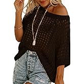 Sidefeel Women's Crochet Tops Short Sleeve Sweater 2025 Fashion Hollow Out Scoop Neck Pullover Knit Tops Cover Ups