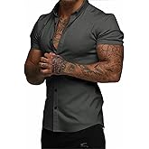 JMIERR Men's Muscle Fit Button Down Shirts Summer Casual Short Sleeve High Stretch Wrinkle-Free Shirt