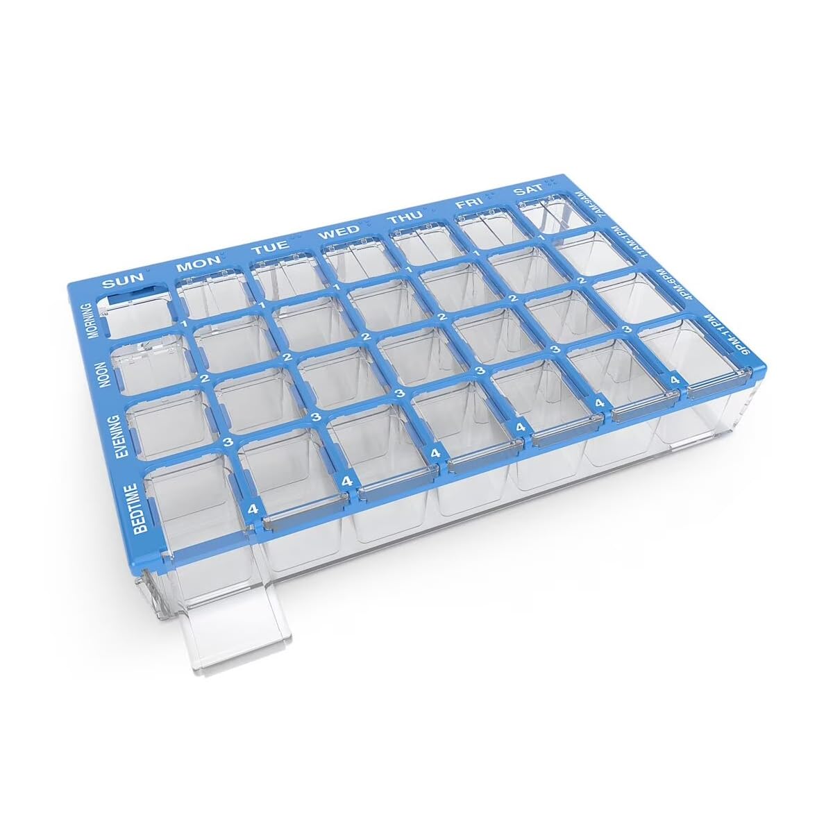 EZY DOSE Weekly (7-Day) Pill Case, Medicine Planner, Vitamin Organiser Box, Small Compartments with Easy Fill Tray, 4 Times a Day, Clear Lids, Colour May Vary, BPA Free